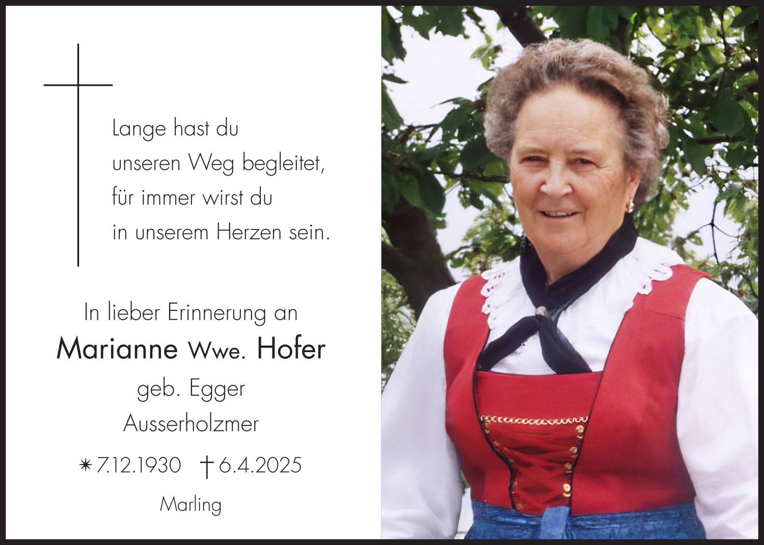 Sterbebild: Marianne Wwe. Hofer geb. Egger