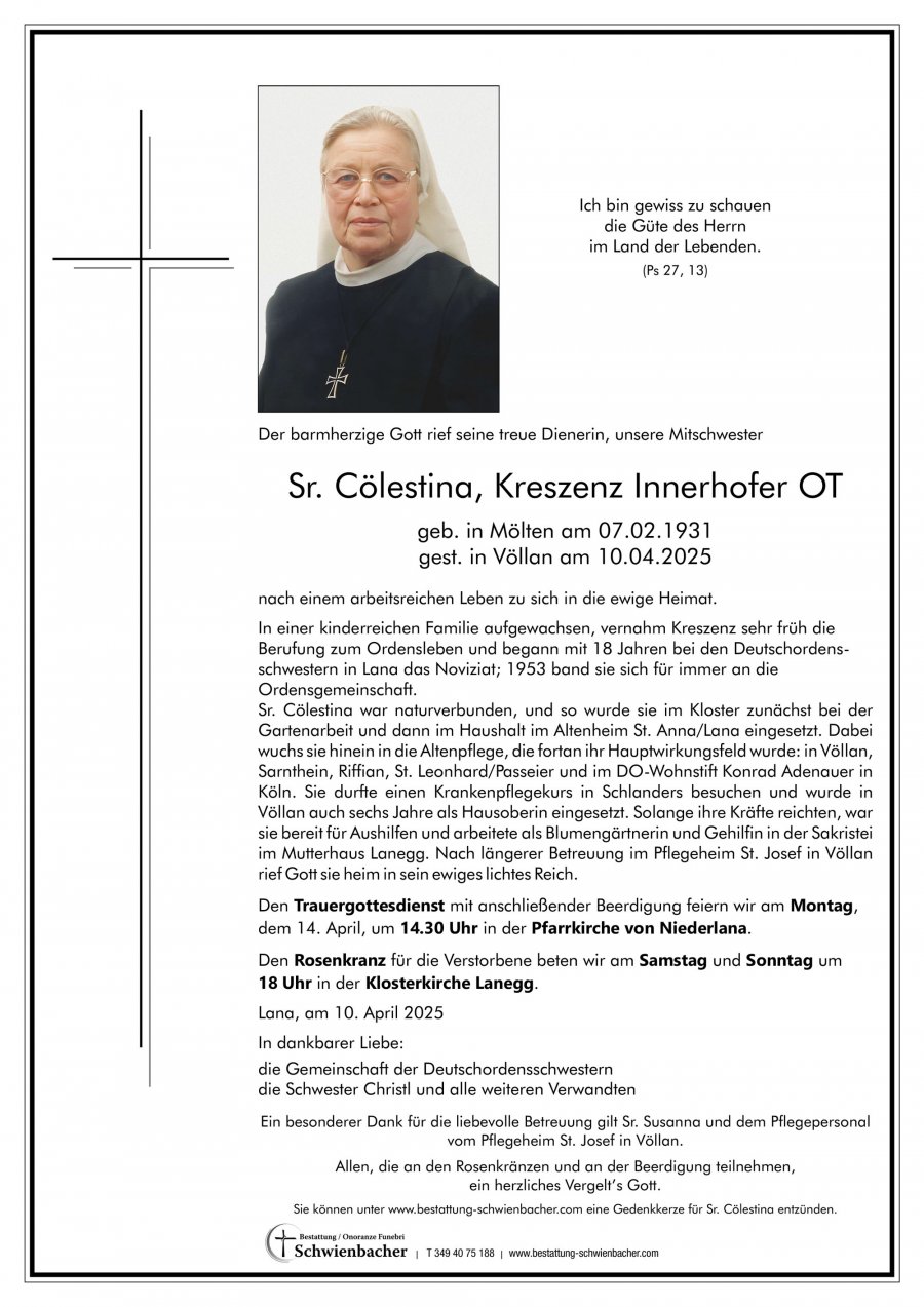 Parte: Sr. Cölestina, Kreszenz Innerhofer OT