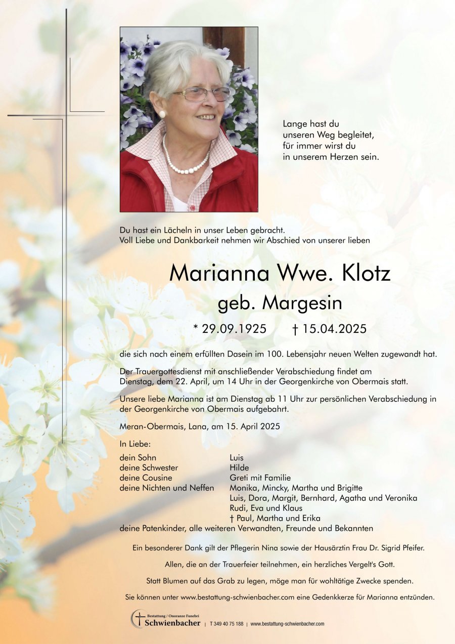 Parte: Marianna Wwe. Klotz geb. Margesin