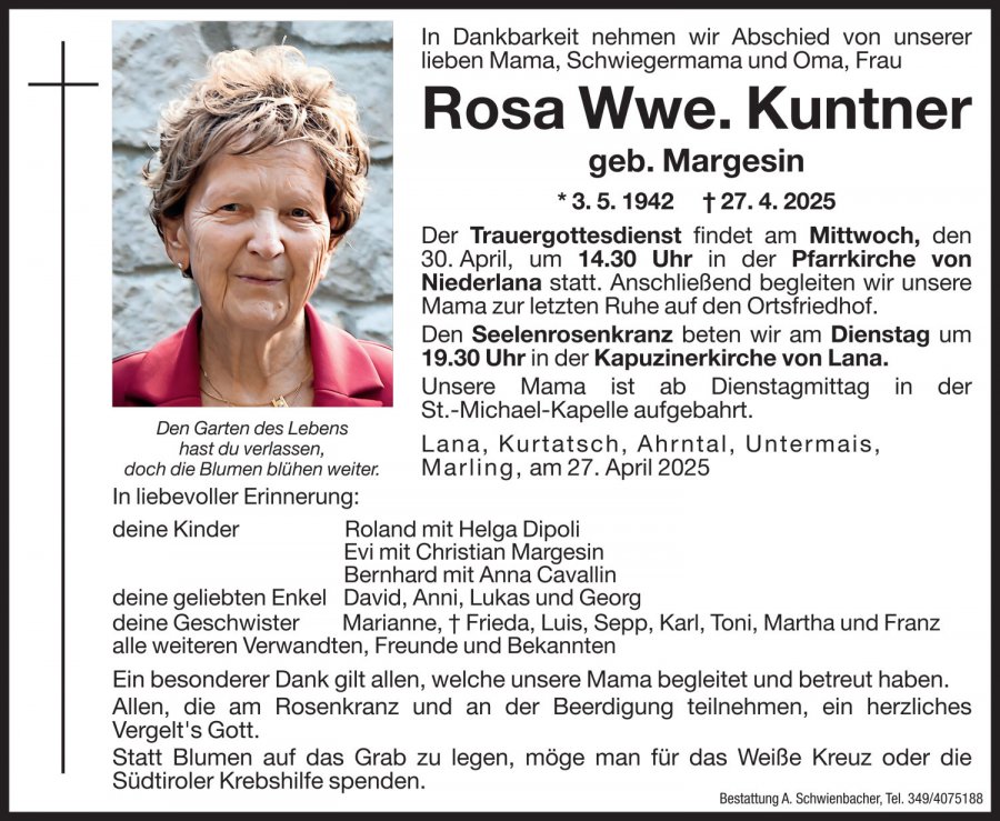 Medien: Rosa Wwe. Kuntner geb. Margesin