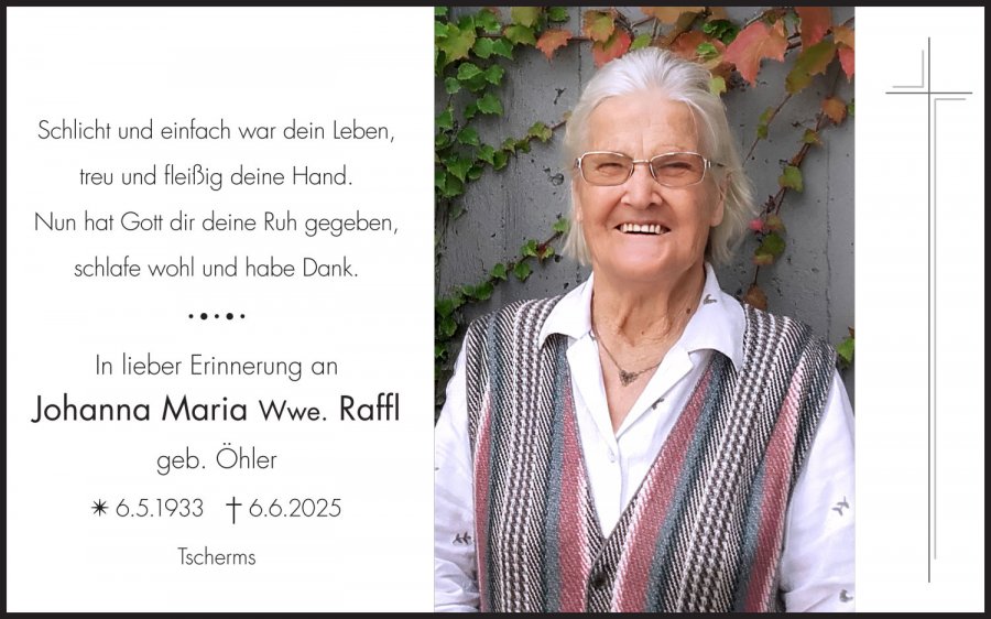 Sterbebild: Johanna Maria Wwe. Raffl geb. Öhler