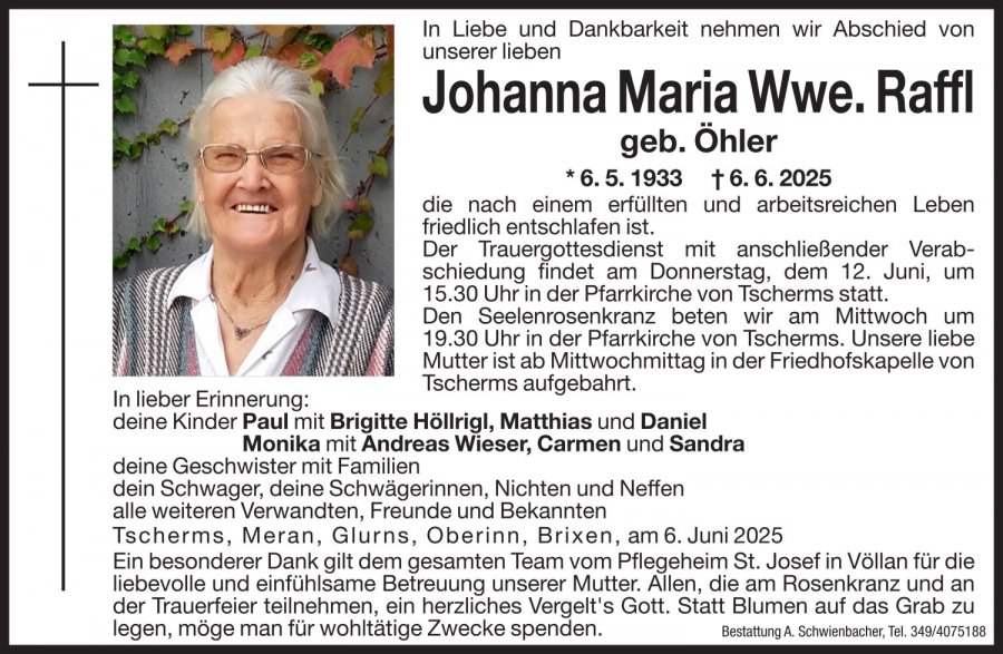 Medien: Johanna Maria Wwe. Raffl geb. Öhler