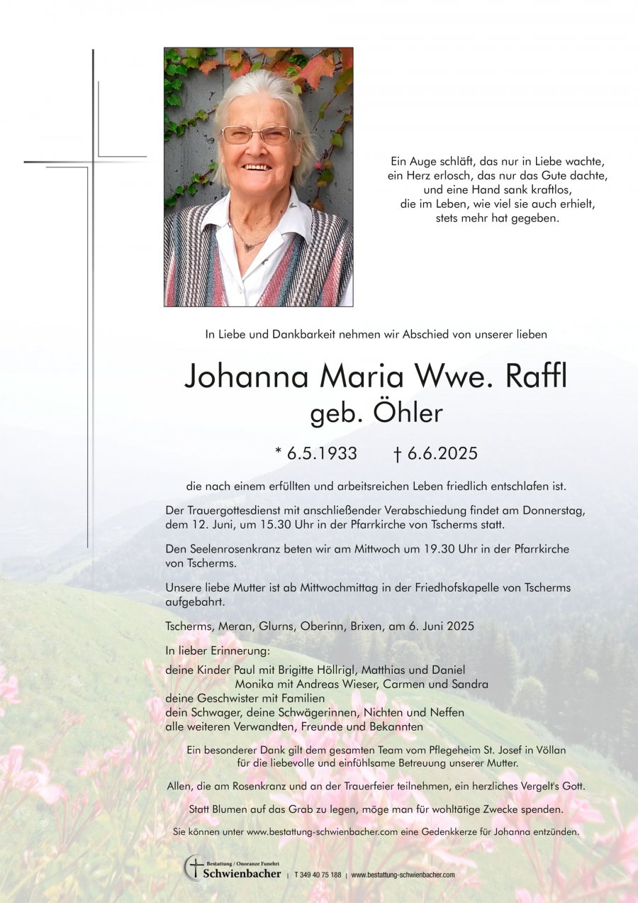 Parte: Johanna Maria Wwe. Raffl geb. Öhler