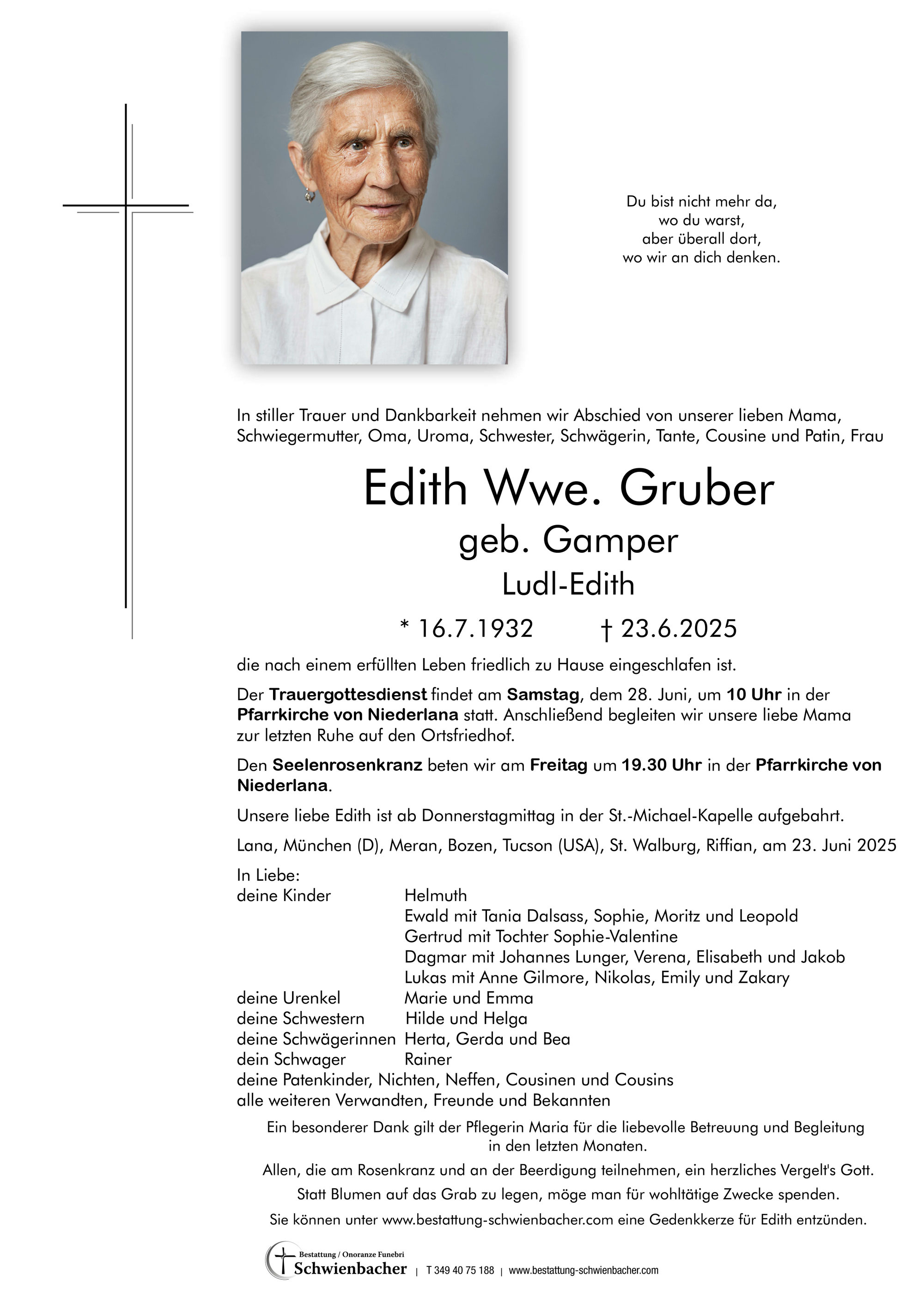 Parte: Edith Wwe. Gruber geb. Gamper