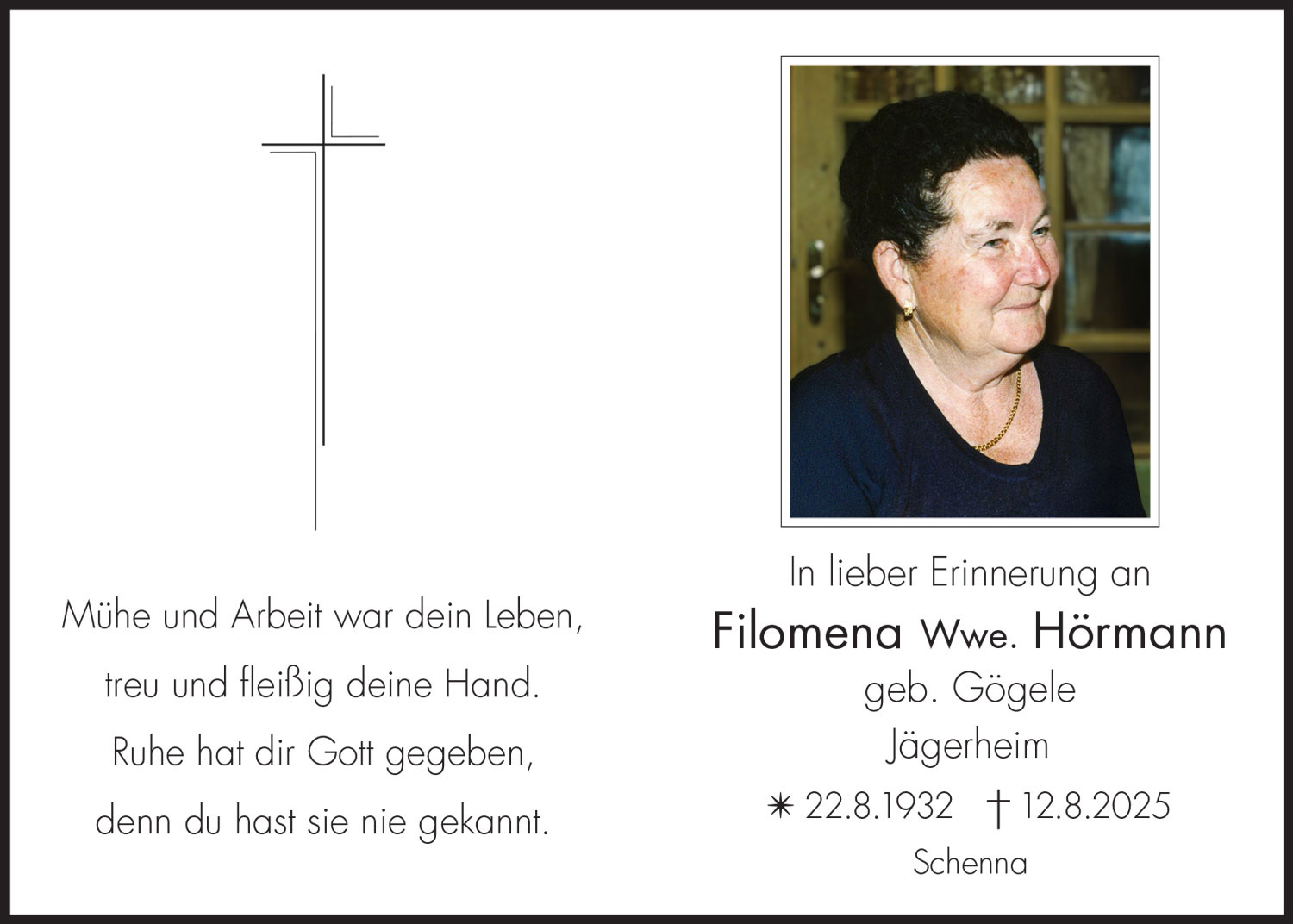 Sterbebild: Filomena Wwe. Hörmann geb. Gögele