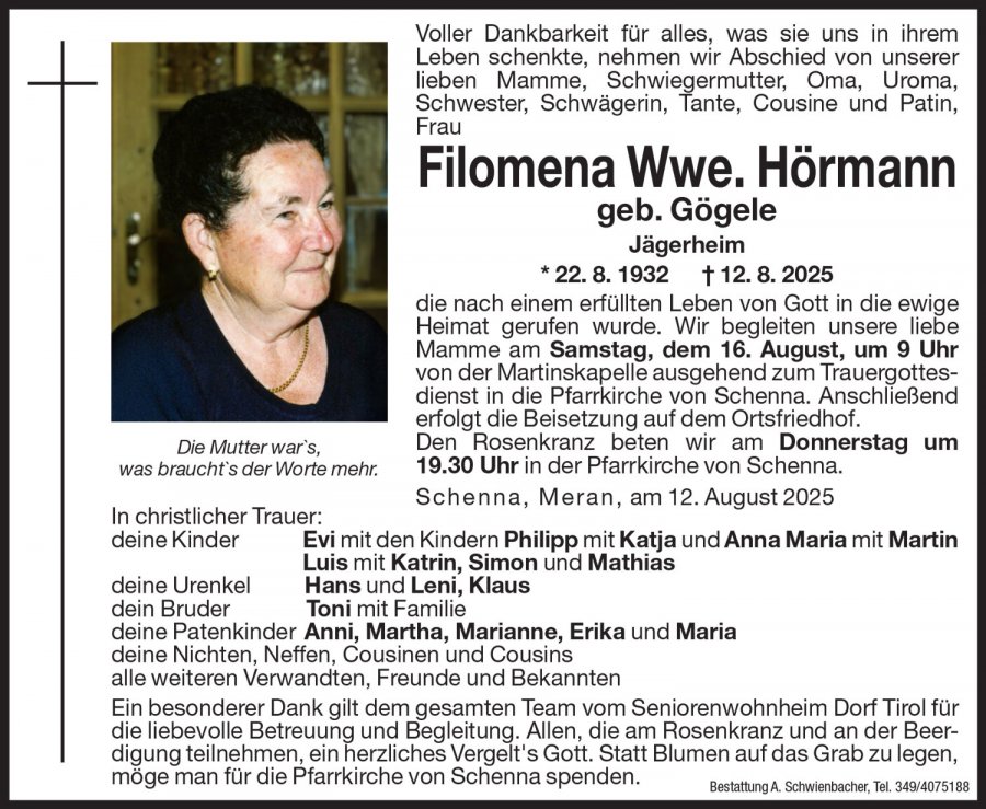 Medien: Filomena Wwe. Hörmann geb. Gögele