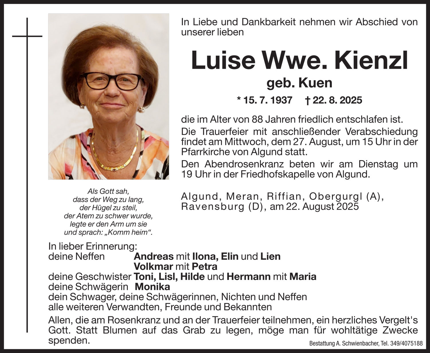 Medien: Luise Wwe. Kienzl geb. Kuen