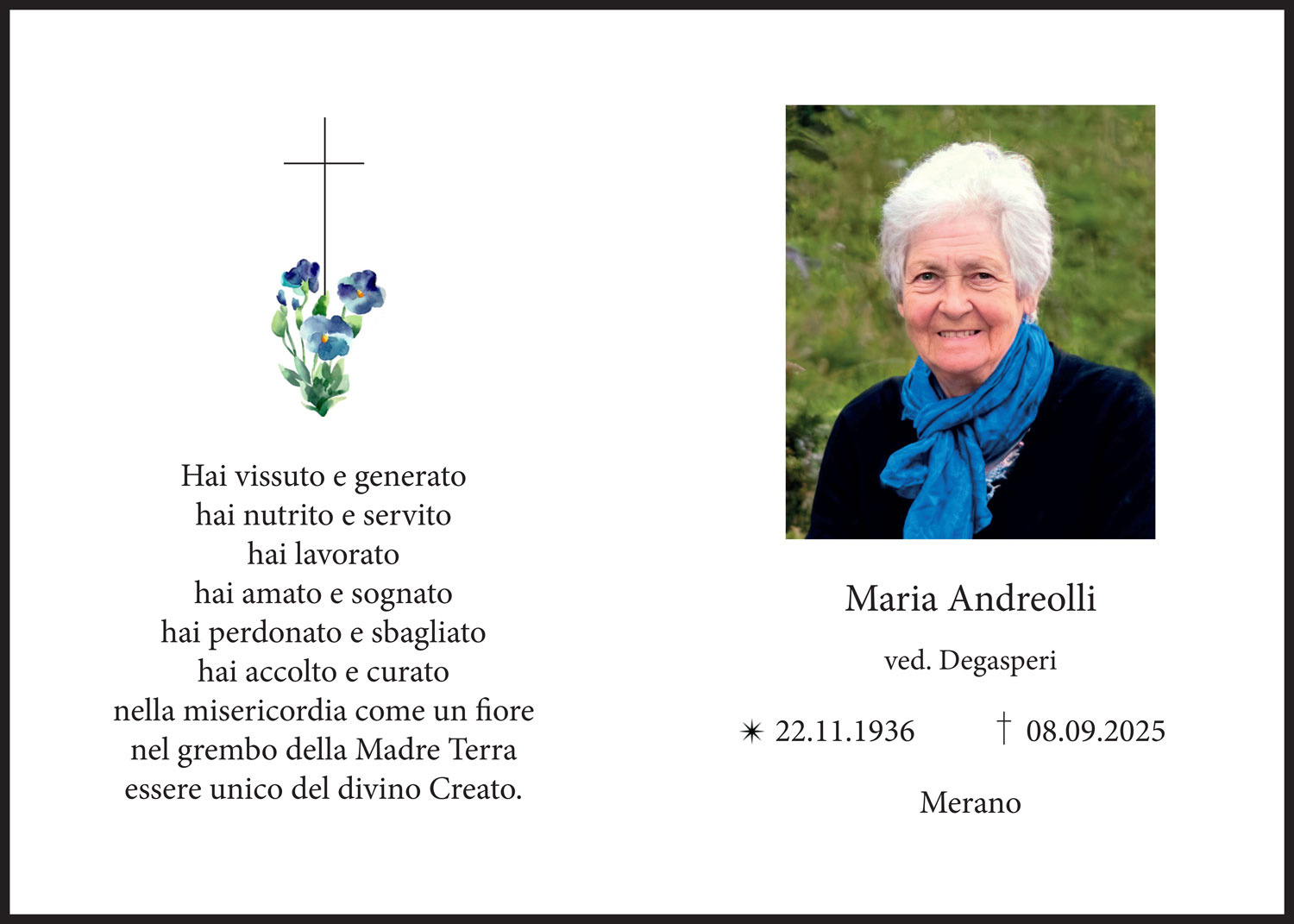 Sterbebild: Maria ved. Degasperi nata Andreolli