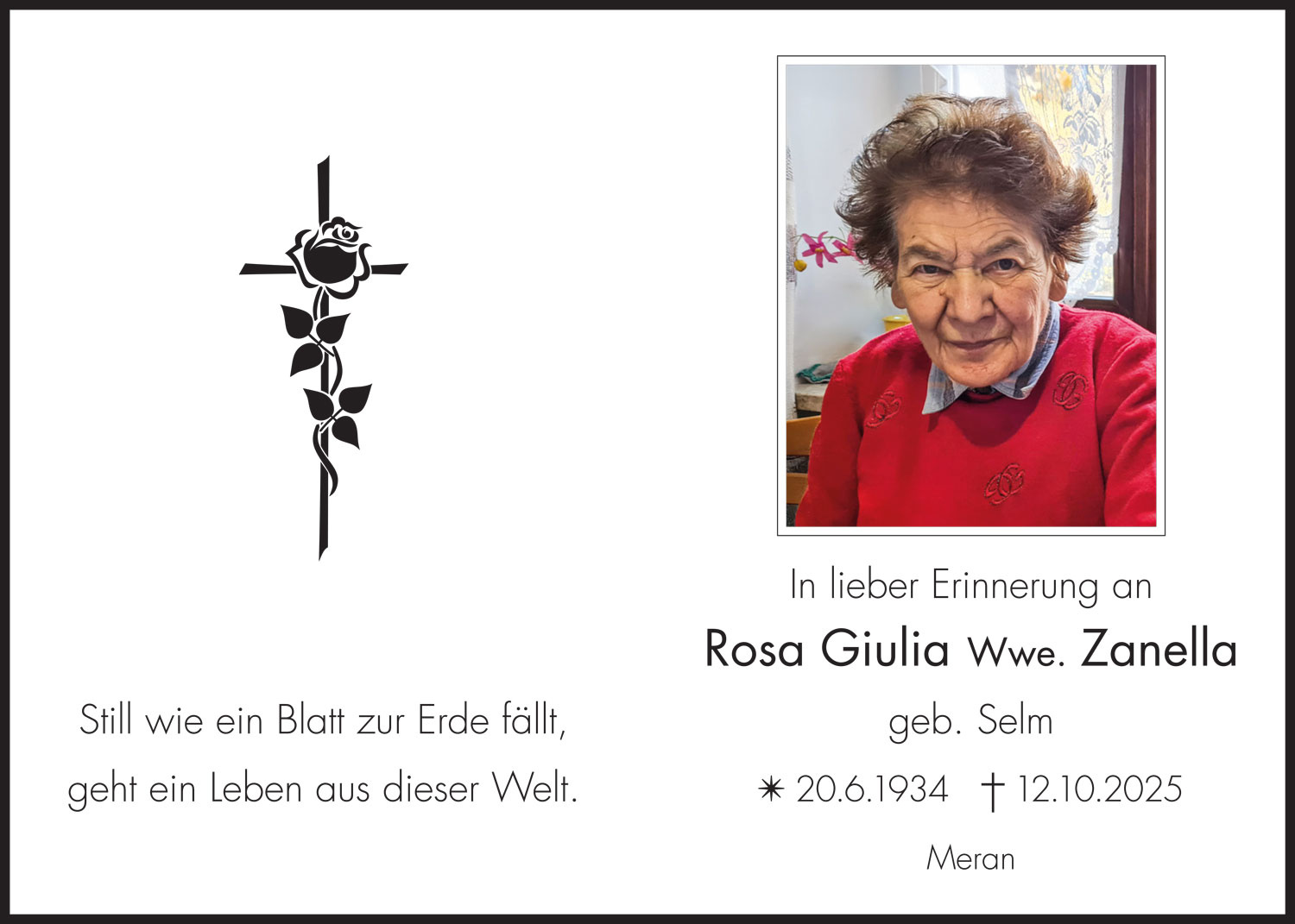 Sterbebild: Rosa Giulia Wwe. Zanella geb. Selm