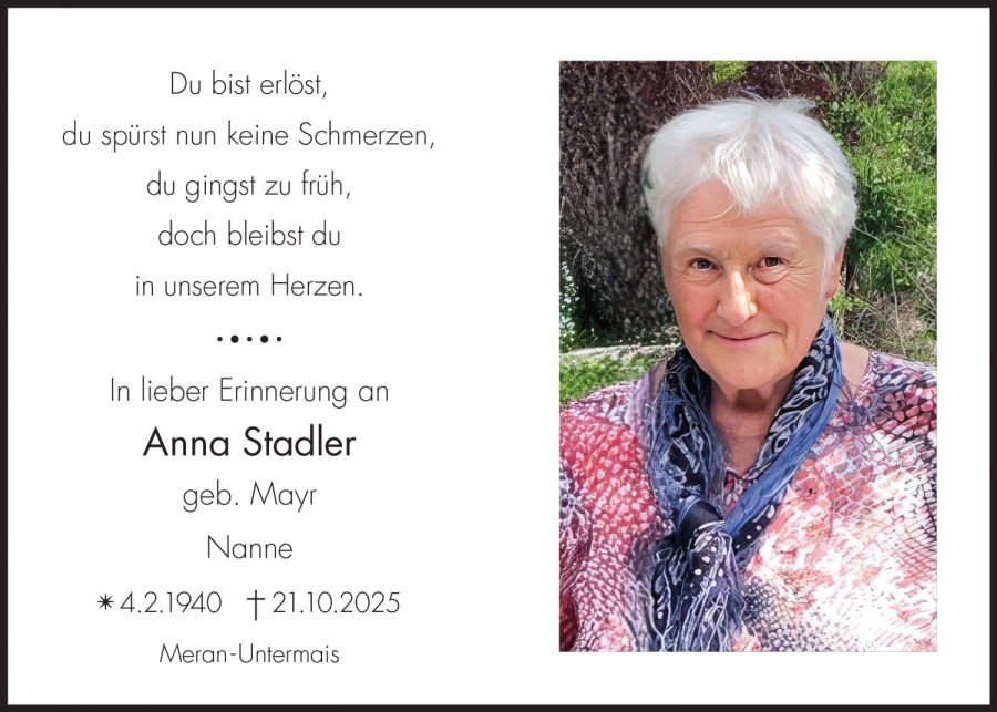 Sterbebild: Anna Stadler geb. Mayr