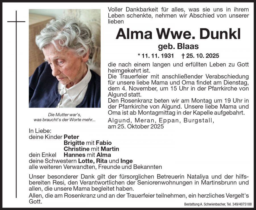 Medien: Alma Wwe. Dunkl geb. Blaas