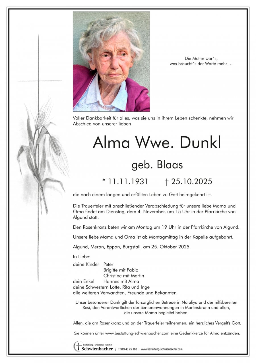 Parte: Alma Wwe. Dunkl geb. Blaas