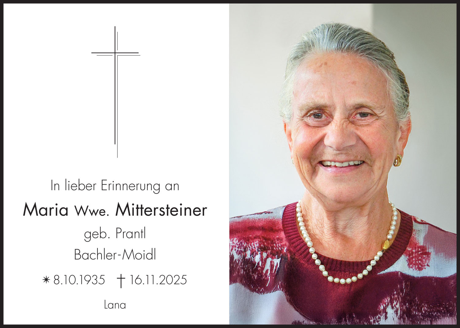 Sterbebild: Maria Wwe. Mittersteiner geb. Prantl