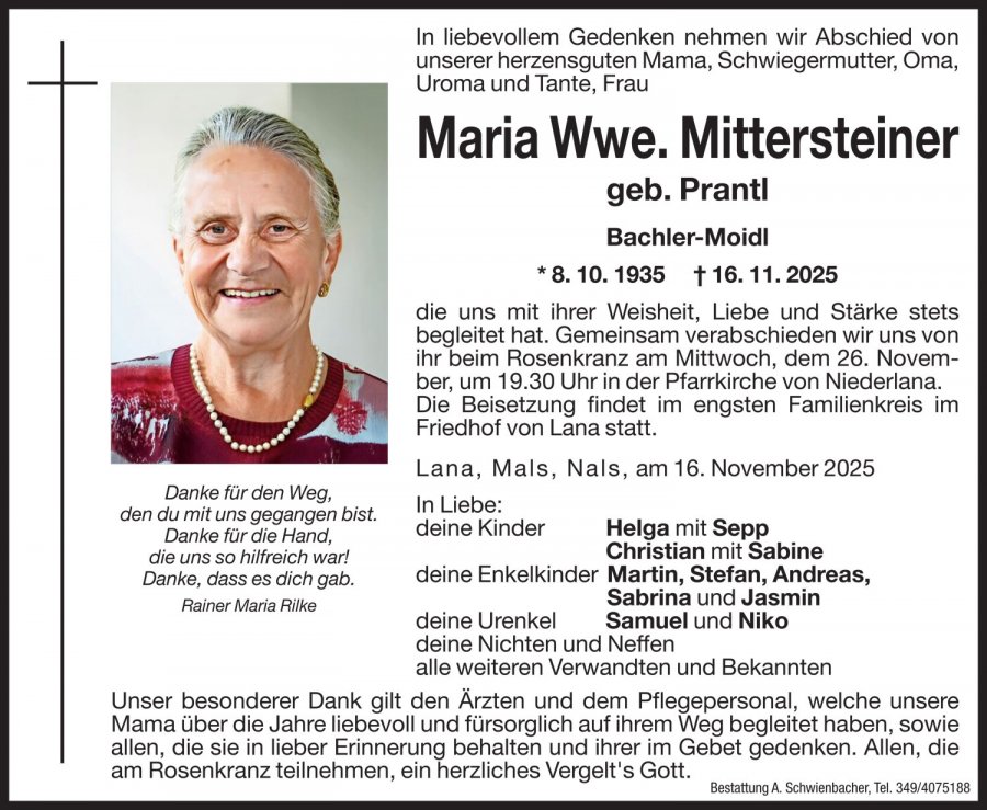 Medien: Maria Wwe. Mittersteiner geb. Prantl