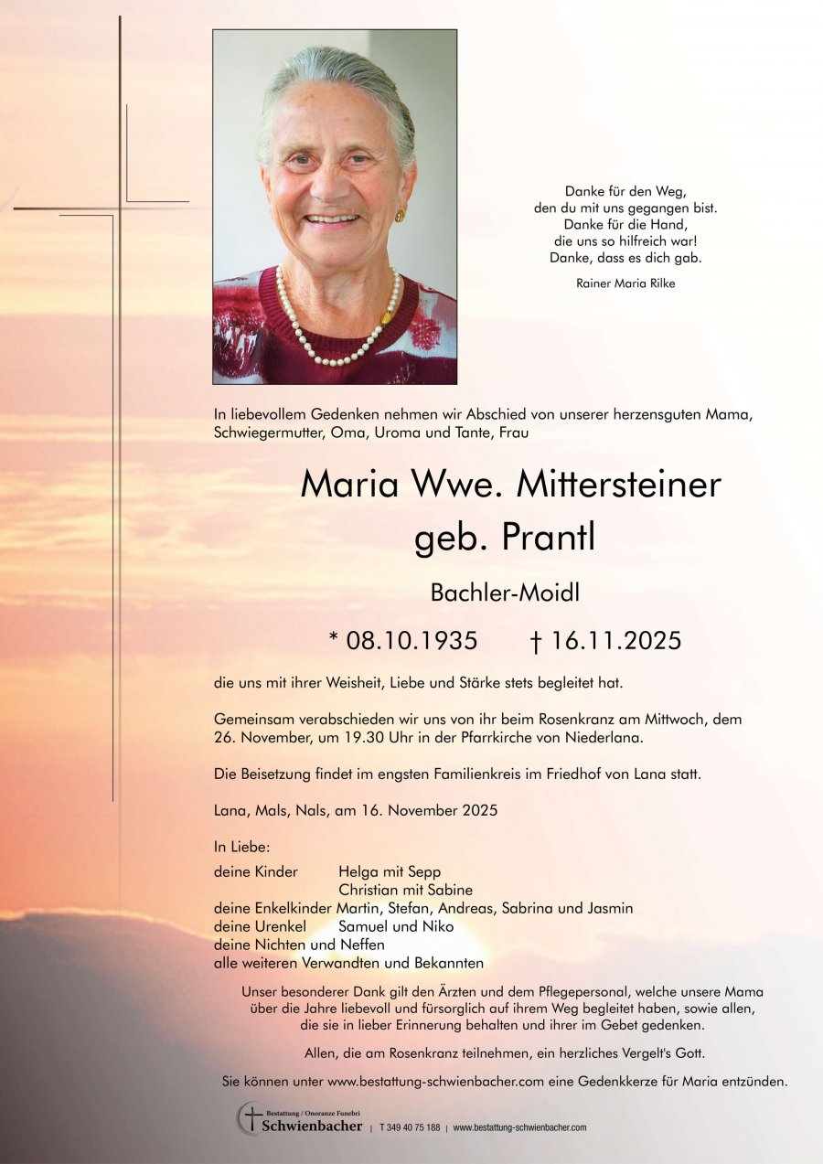 Parte: Maria Wwe. Mittersteiner geb. Prantl