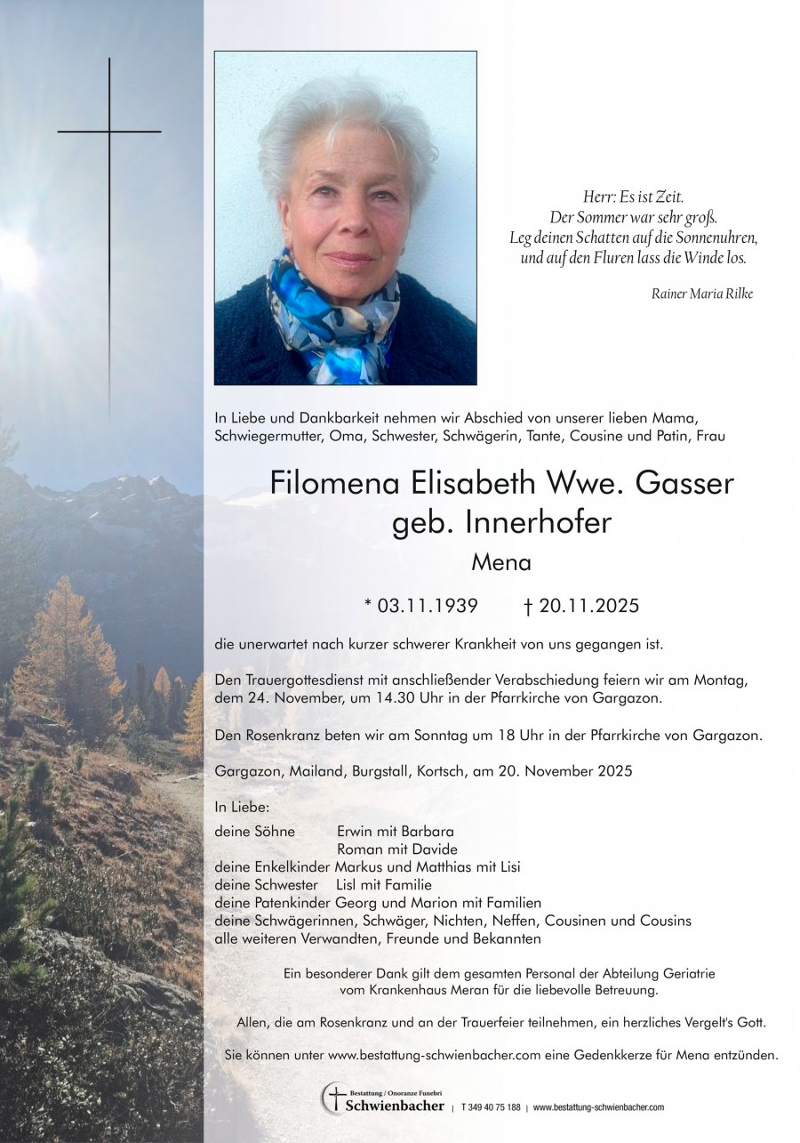 Parte: Filomena Elisabeth Wwe. Gasser geb. Innerhofer