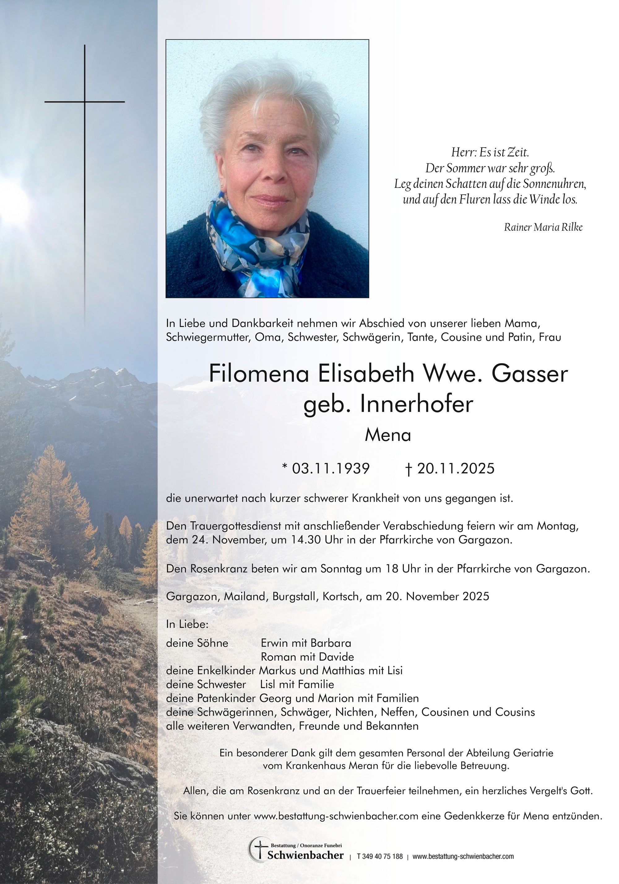 Parte: Filomena Elisabeth Wwe. Gasser geb. Innerhofer 