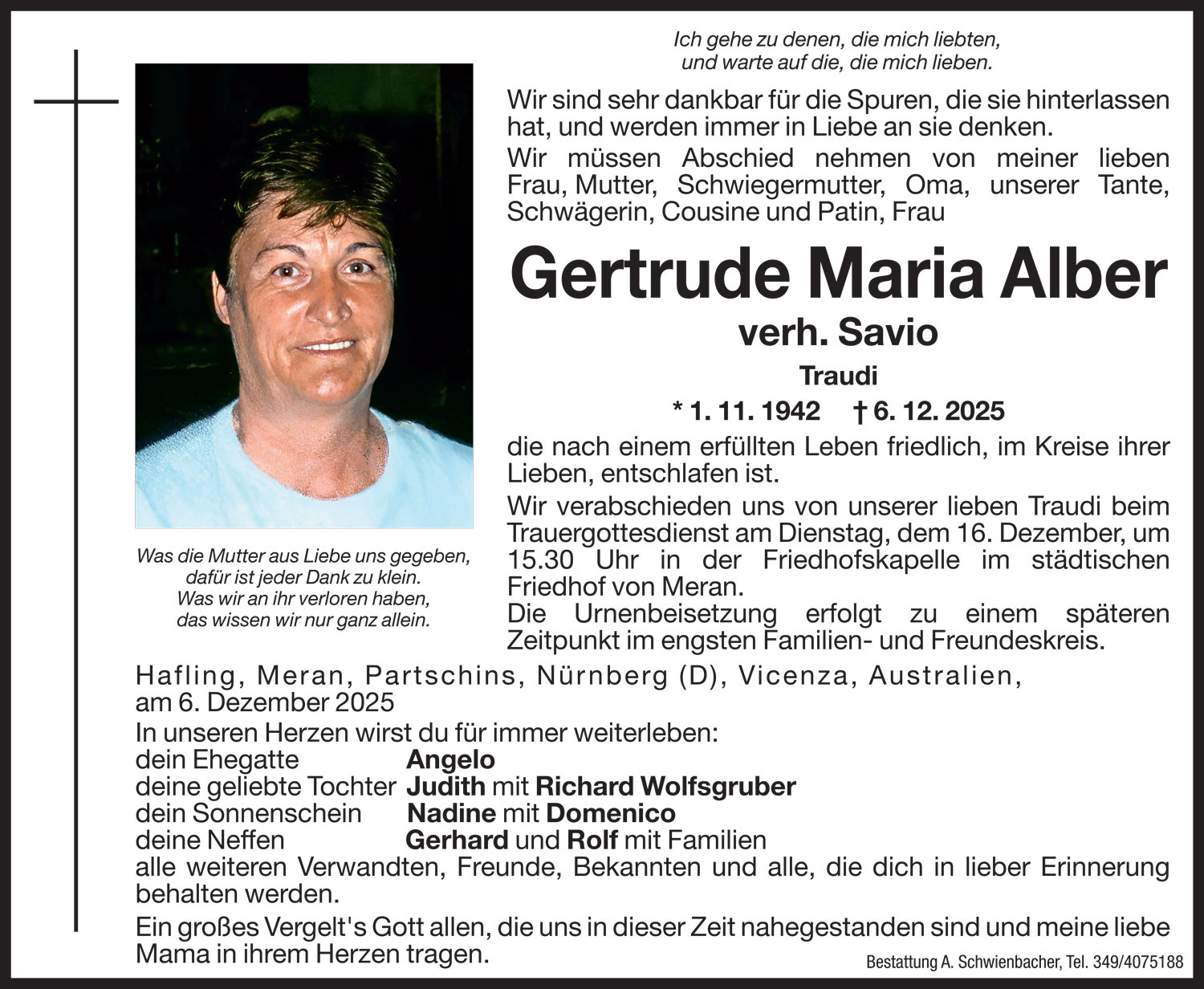 Medien: Gertrude Maria Alber verh. Savio