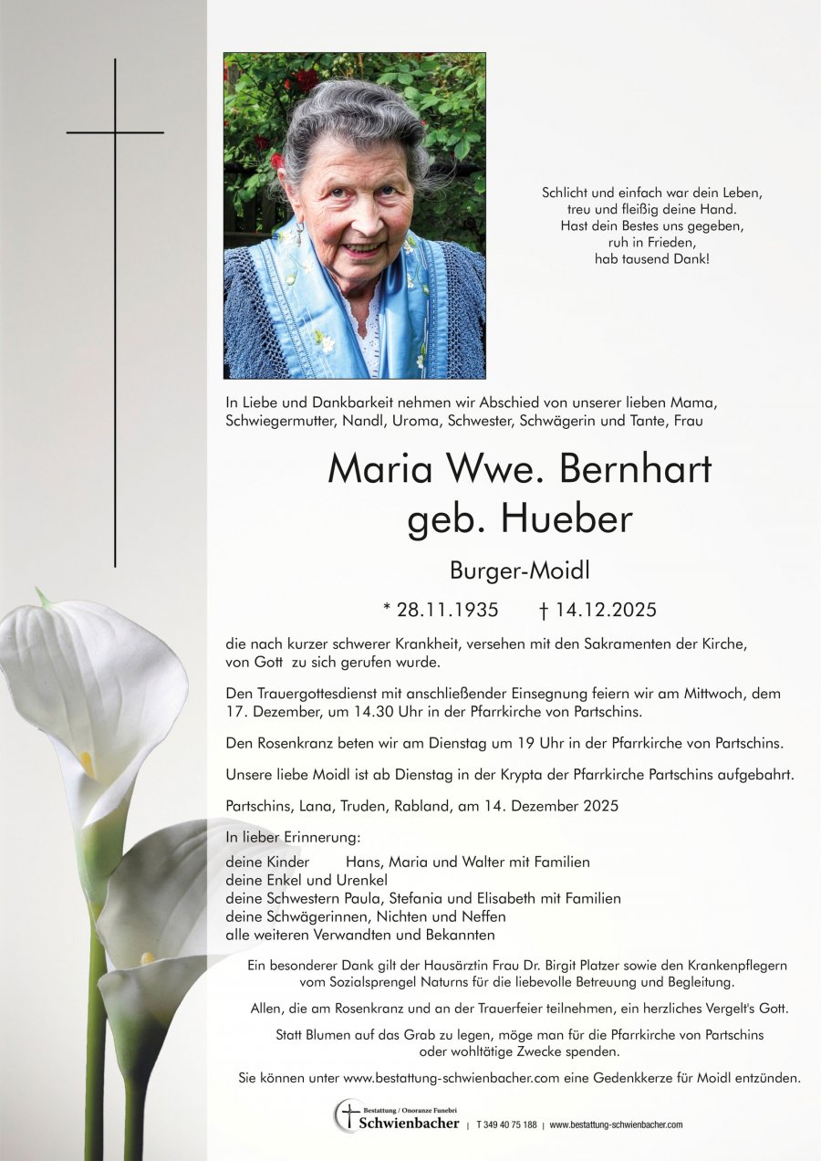 Parte: Maria Wwe. Bernhart geb. Hueber