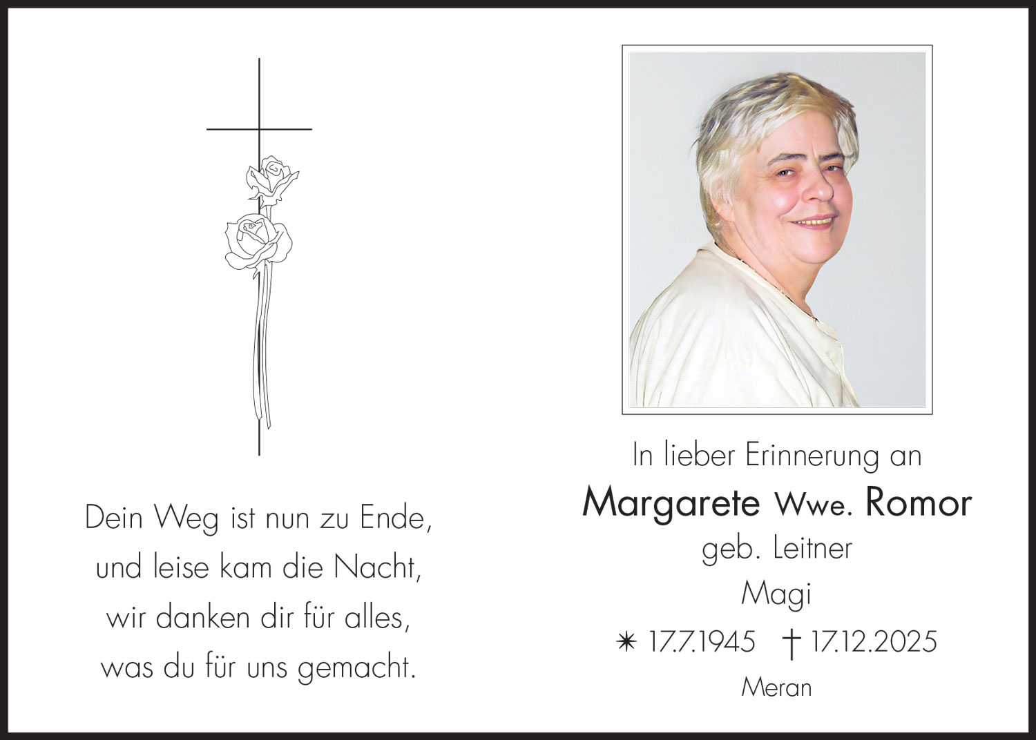 Sterbebild: Margarete Wwe. Romor geb. Leitner