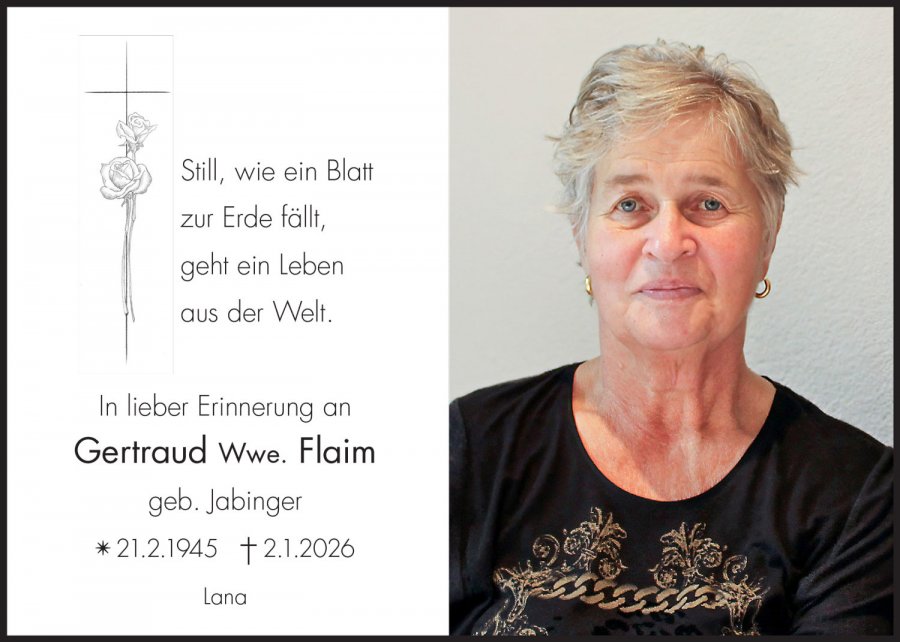 Sterbebild: Gertraud Wwe. Flaim geb. Jabinger