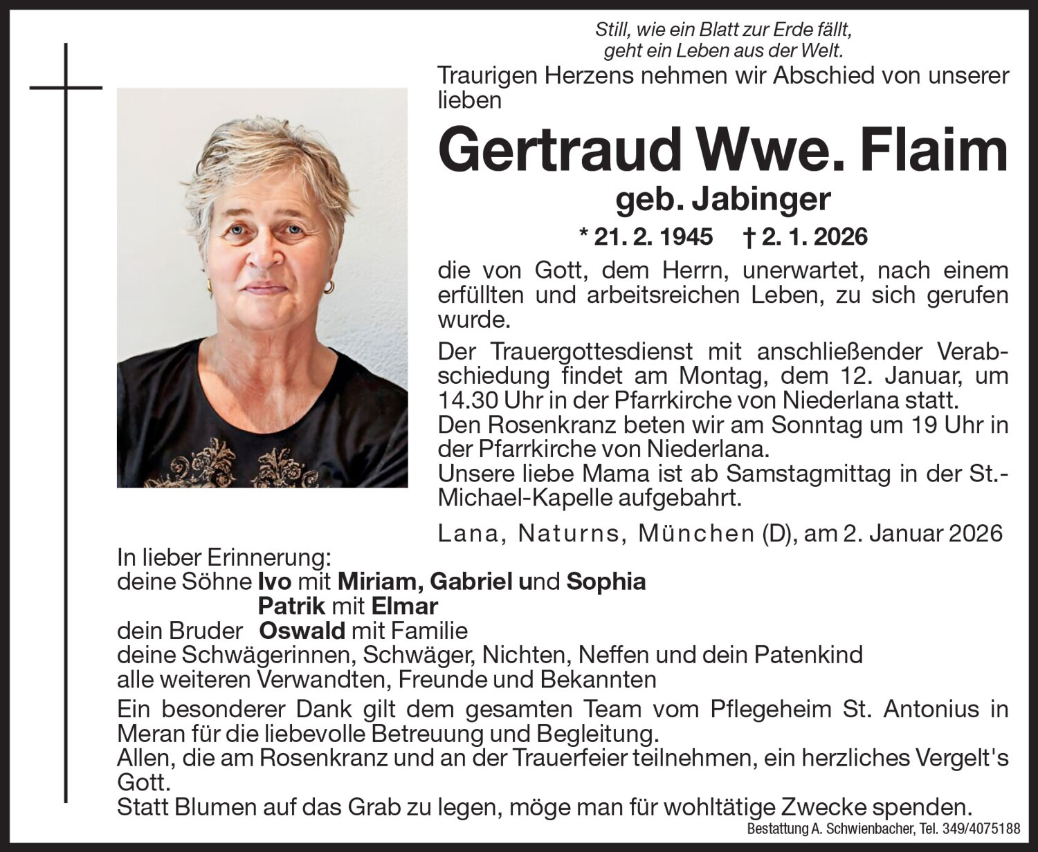 Medien: Gertraud Wwe. Flaim geb. Jabinger