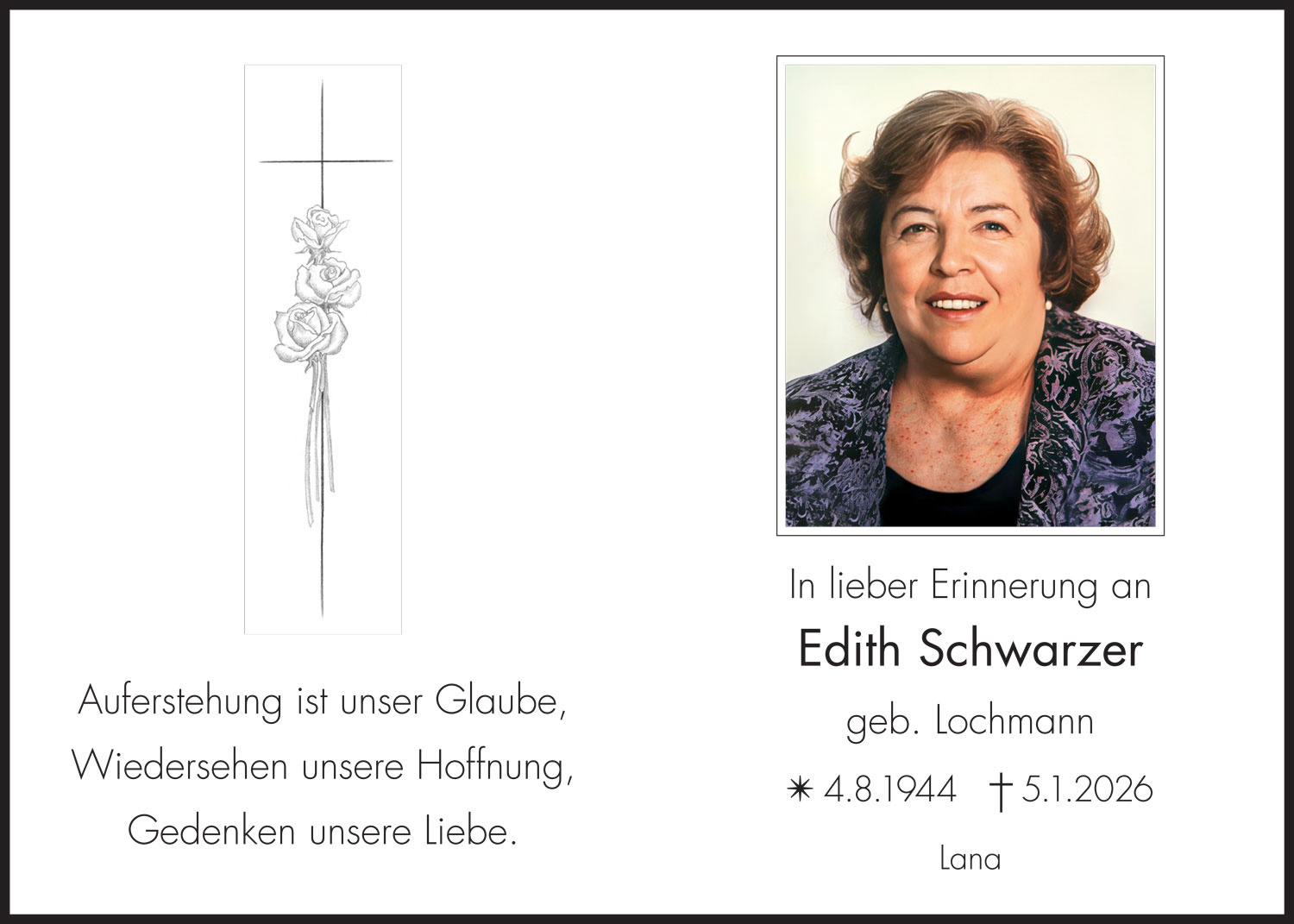 Sterbebild: Edith Schwarzer geb. Lochmann
