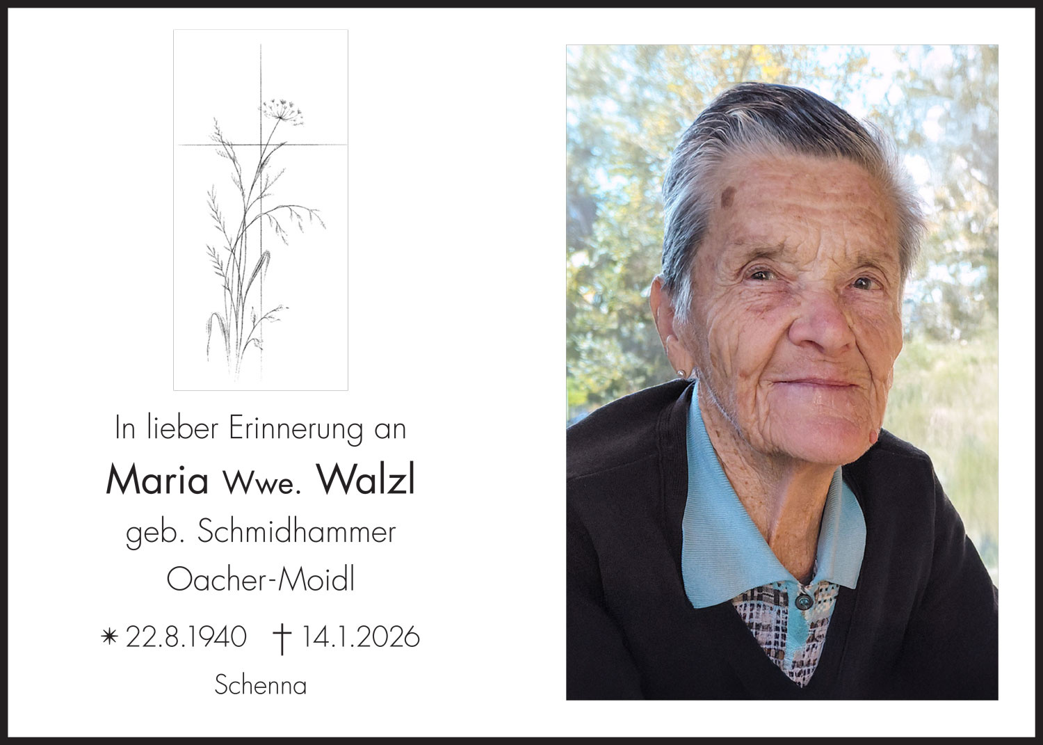 Sterbebild: Maria Wwe. Walzl geb. Schmidhammer