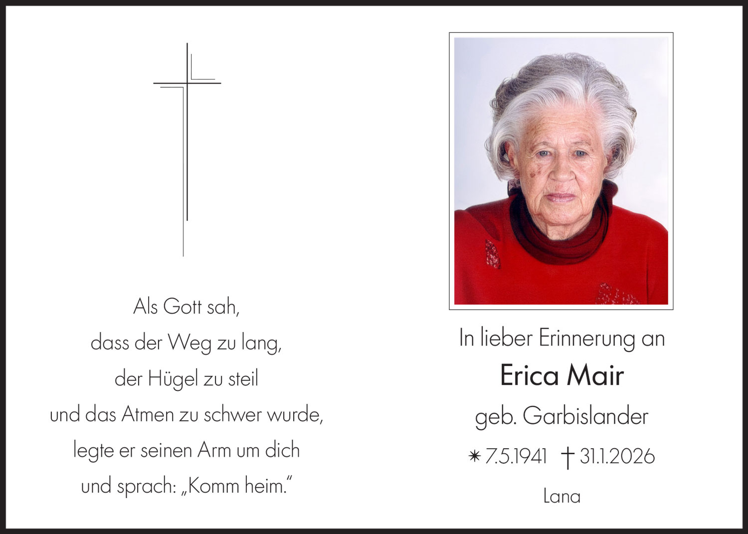 Sterbebild: Erica Mair geb. Garbislander