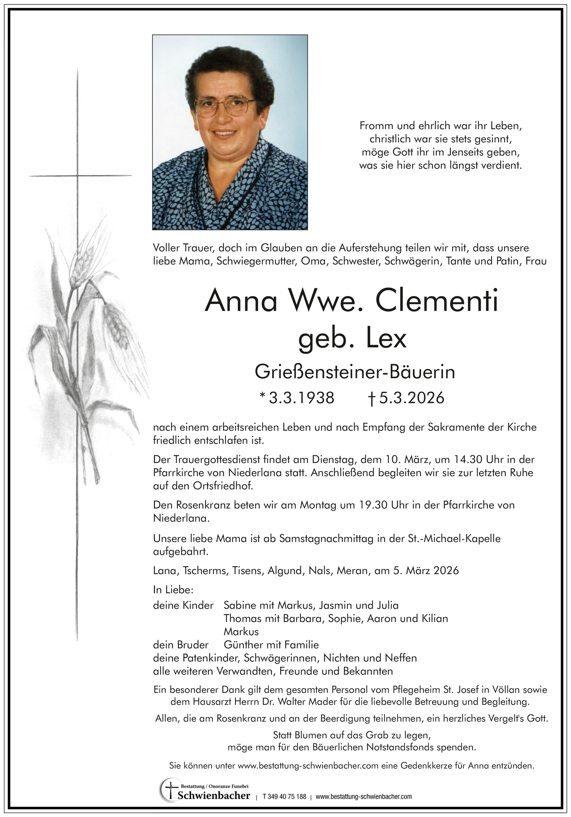 Parte: Anna Wwe. Clementi geb. Lex 