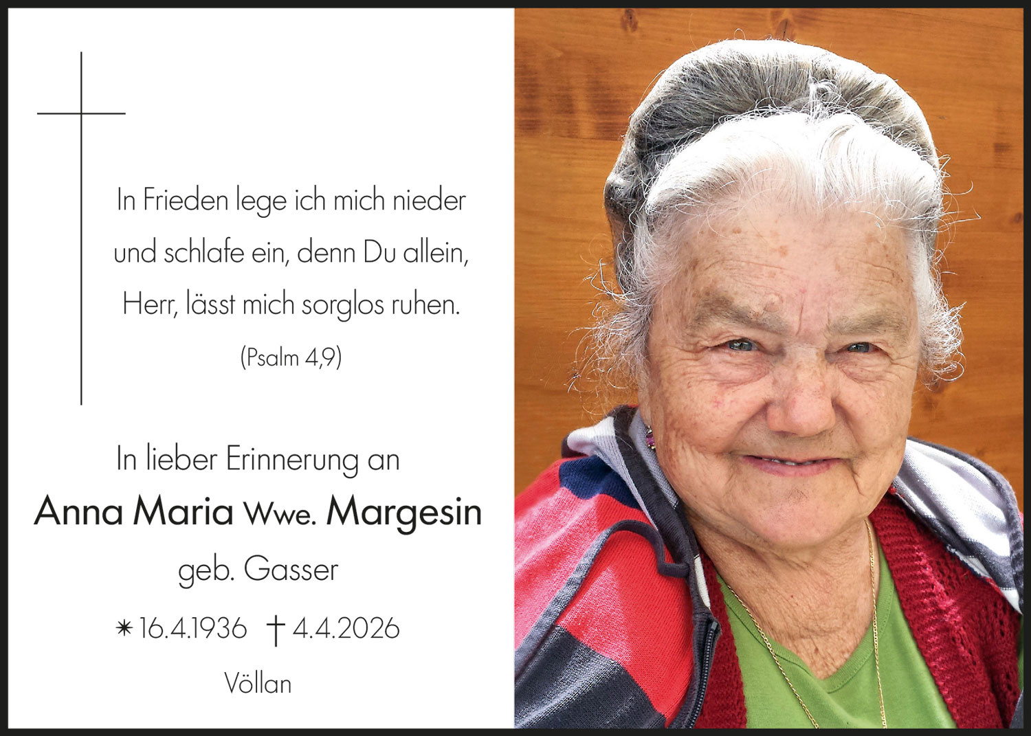 Sterbebild: Anna Maria Wwe. Margesin geb. Gasser