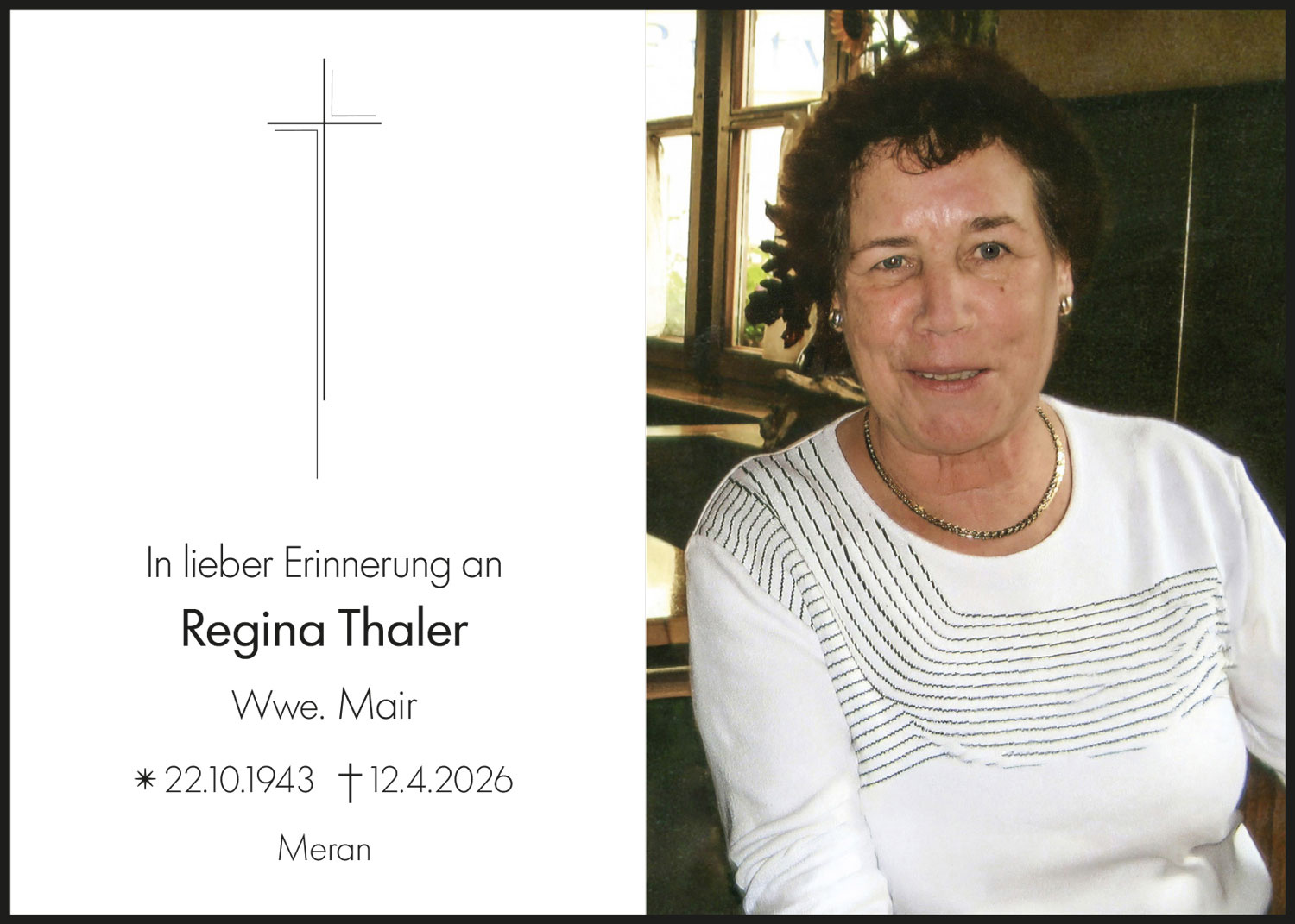 Sterbebild: Regina Thaler Wwe. Mair