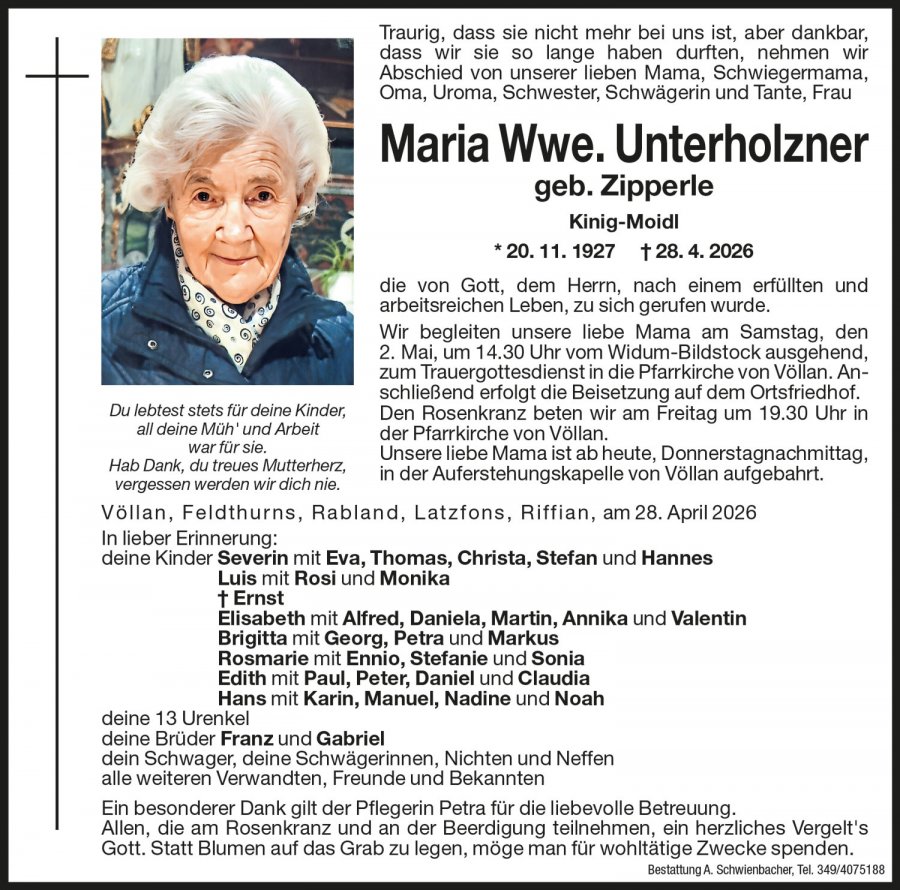 Medien: Maria Wwe. Unterholzner geb. Zipperle
