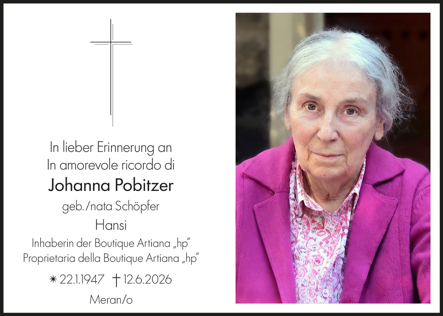 Sterbebild: Johanna Pobitzer geb. Schöpfer
