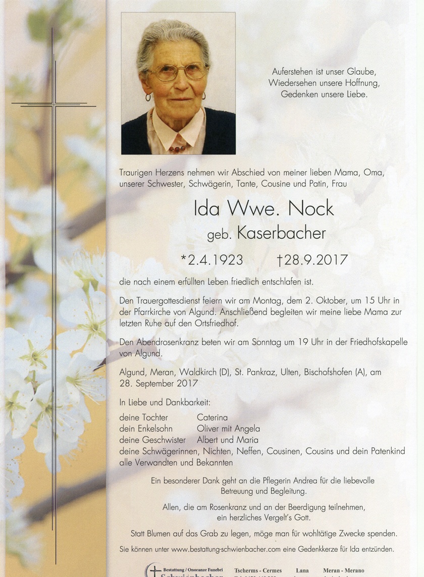 Parte: Ida Wwe. Nock geb. Kaserbacher 