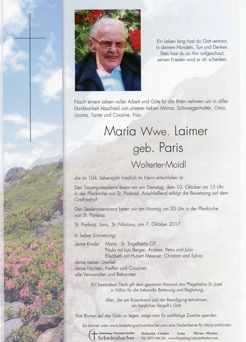 Parte: Maria Wwe. Laimer geb. Paris 